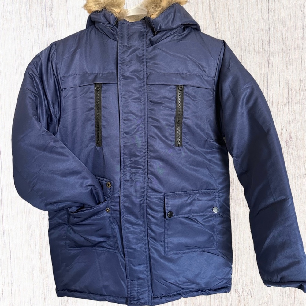 New!! Coat Jacket with Hood & Pockets Navy Blue w/ Faux Fur